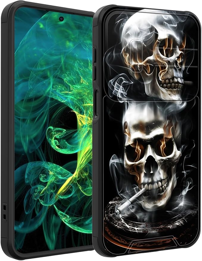 for Galaxy S26 FE Case with Slide Camera Cover,Heavy Duty Dual Layer Hybrid Shock Proof Protective Rugged Bumper Case for Samsung Galaxy S26 FE 6.7" 2026,Smoking Skull - Skull phone case