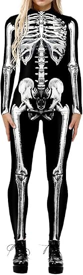 Women Halloween Cosplay Costume, 3D Mechanical Robot Skeleton Skull Print Long Sleeve One Piece Jumpsuit Romper Outfit - sugar skull costume