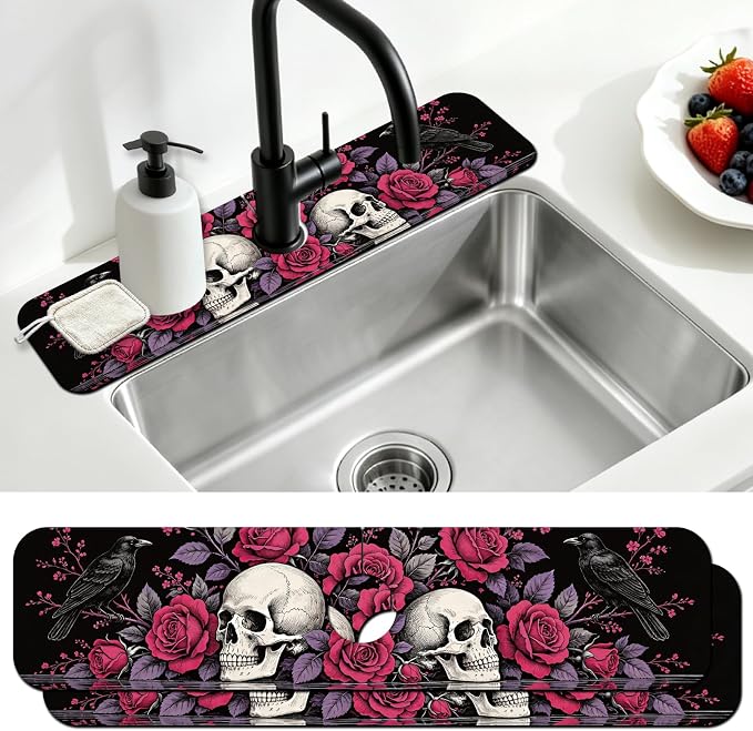 2 Pcs Kitchen Sink Splash Guard Faucet Mat Skull and Rose Pattern Faucet Mat for Sinks Absorbing Drying Mats for Kitchen Bathroom, 23.6x5.5 in - skull toilet mat