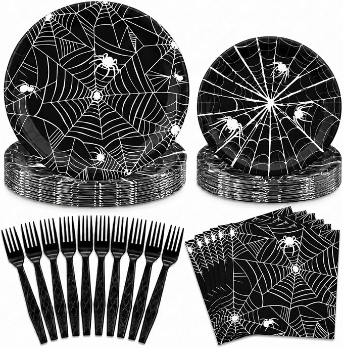 100PCS Halloween Plates and Napkins, Spider Web Halloween Plates Set - skull plate