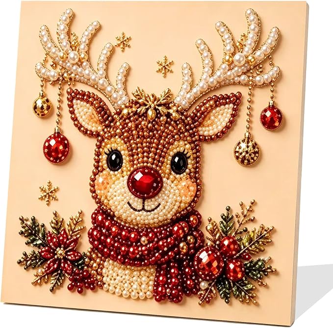 5D Christmas Deer Pearl Diamond Art Kits for Adults with Frame 10x10in - skull wall art