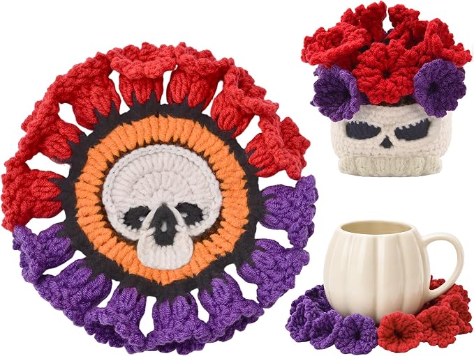 Crochet Flower Coasters, Handmade Bouquet Coasters with Crochet Plant Pot (White Skull Pattern, 1Pc) - skull coaster