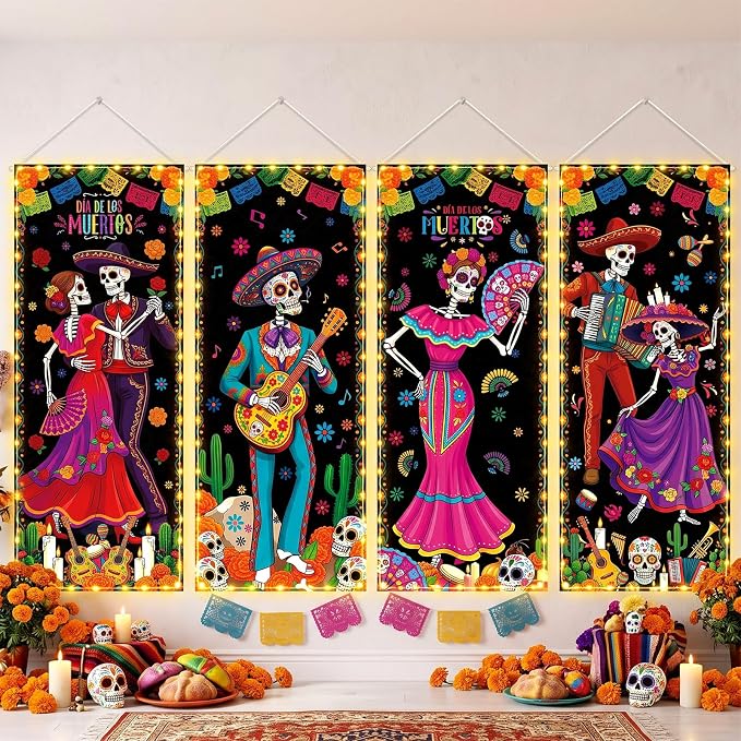 4 Pcs Day of The Dead Banner LED Lighted Dia De Los Muertos Decor - string light