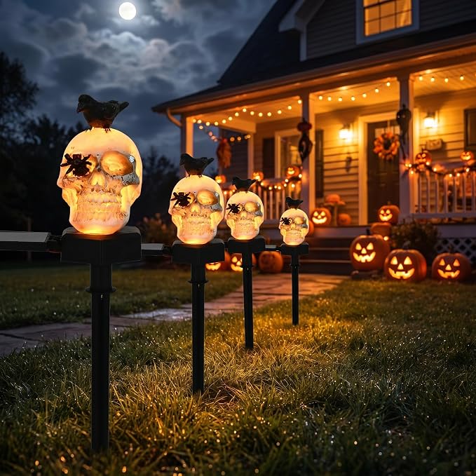Solar Crow Skull Pathway Lights Gothic Halloween Outdoor Garden Decor Stake - skull figurine
