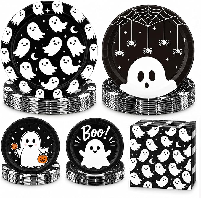72 Pcs Halloween Plates and Napkins, 9&7in Ghost Paper Plates - skull plate