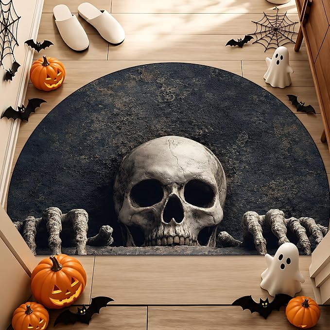 Diatom mud semi-Circular Door mat 35.4 x 23.6 inches, Decorative Entry Rug, Non-Slip and Washable, Suitable for Indoor and Outdoor Home Entry Decoration (Skeleton, 35.43 X 23.62 Inches) - skull floor mat