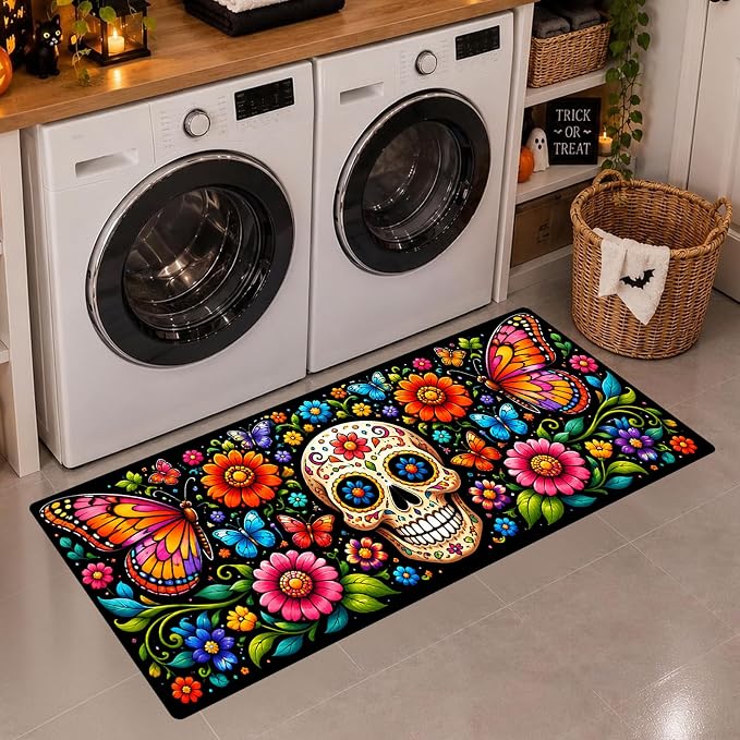 Nuxovilar Laundry Room Rug Runner, 19.68×47.24in, Sugar Skull Floral Print - skull floor mat