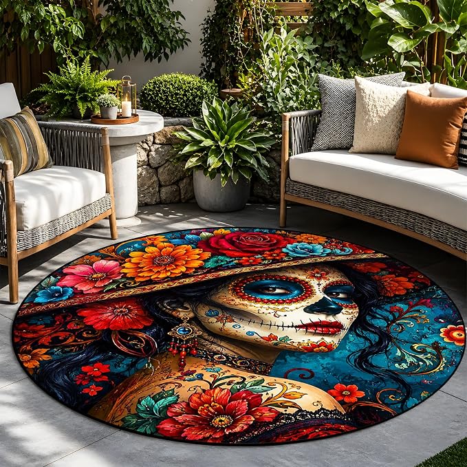 Vintage Mandala Round Rug 39.4X 39.4Inch, Washable Non Slip Diatom Mud Mat (Rose Figures, 39x39 inches) - skull toilet mat