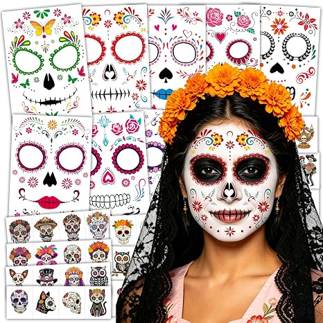 44 PCS Day of the Dead Face Temporary Tattoos, Catrina Makeup Kit - sugar skull costume