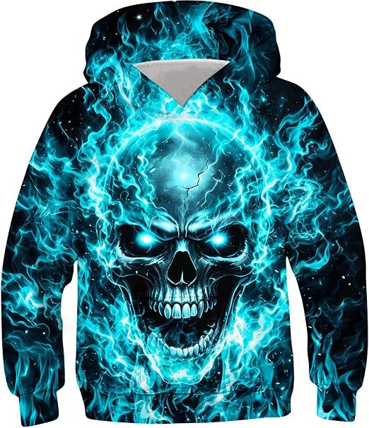RAISEVERN Kids Hooded Sweatshirt 3D Pullover Hoodie for Girls Boys with Pocket for 6-16 Years - skull sweatshirts