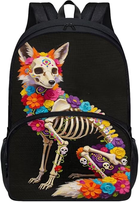 Backpack School Bag Sugar Skull Fox Skeleton 17 inch Primary Backpack Pupils Satchel for Young Old Kids for Teens Kids Book Bags - skull backpack