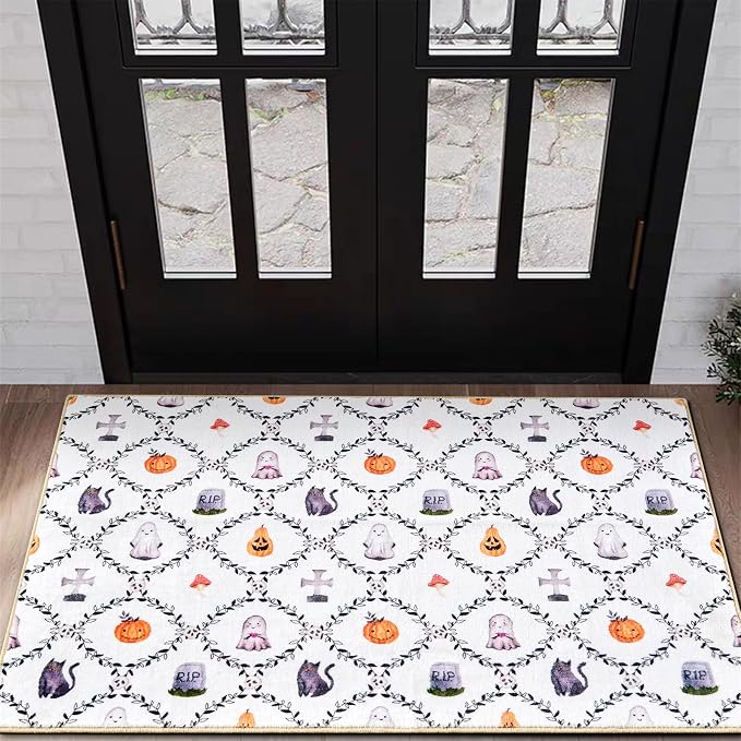 Spooky Halloween Rug Non Slip 2x3 Indoor Doormat Washable, Cute Ghost Scary Pumpkins Gothic Halloween Bathroom Rugs, Thin Pile Vintage Retro Fall Autumn Aesthetic Throw Carpet for Kitchen Entryway - skull floor mat