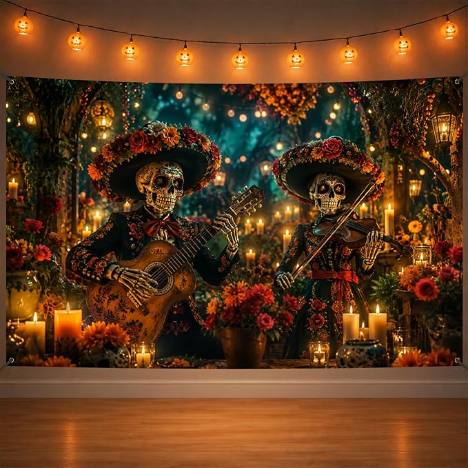 Nuxovilar Sugar Skull Band Halloween Banner, 71x43 Inches Polyester - skull candle