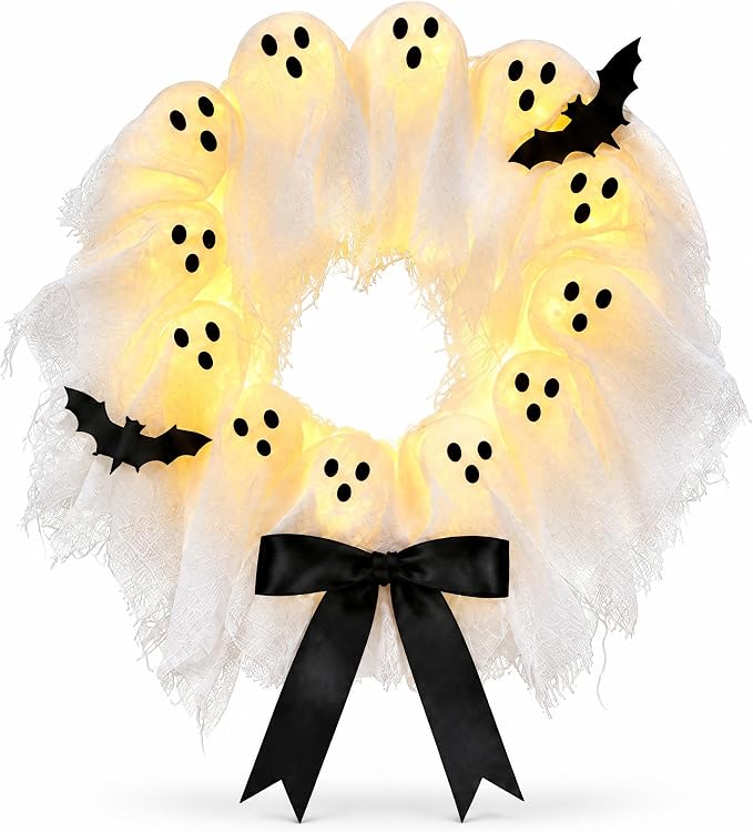 Halloween Lighted Ghost Wreath, 14 Inch LED Ghost Door Hanging - skull wreath