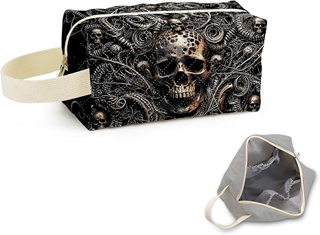 Halloween Metallic Gothic Skull Printed Quilted Cosmetic Bag -1 - skull suitcase