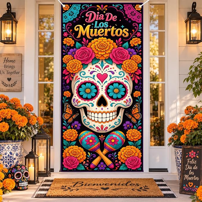 Day of the Dead Door Cover, Dia De Muertos Sugar Skull Door Cover - skull door mat