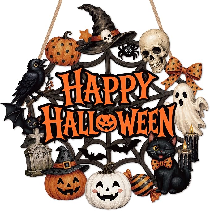 Happy Halloween Sign Pumpkin Skull Hanging Halloween Decorations - skull wreath