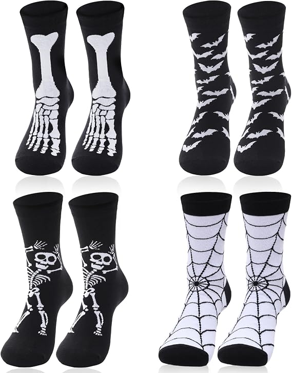 4 Pairs Halloween Socks, Funny Spiderweb Bat Skull Novelty Crew Socks for Costume Parties, Halloween Spooky Gifts - sugar skull costume