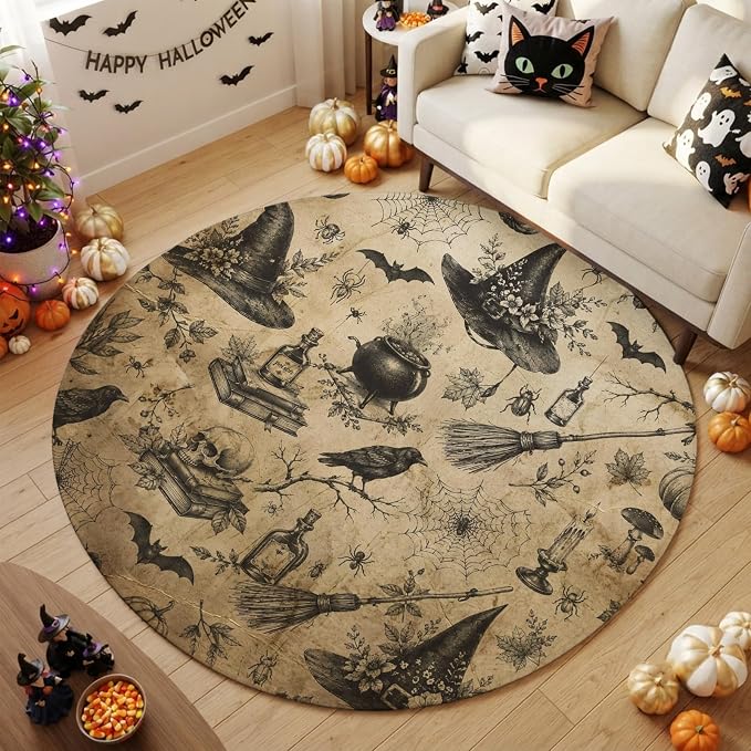 Halloween Round Area Rug 3ft Witch Hat Crow Circle Area Rug for Living Room Bedroom Skull Bat Flower Vintage Holiday Decorative Round Rug Washable Non-Slip Circle Floor Carpet for Home Decor - skull carpet