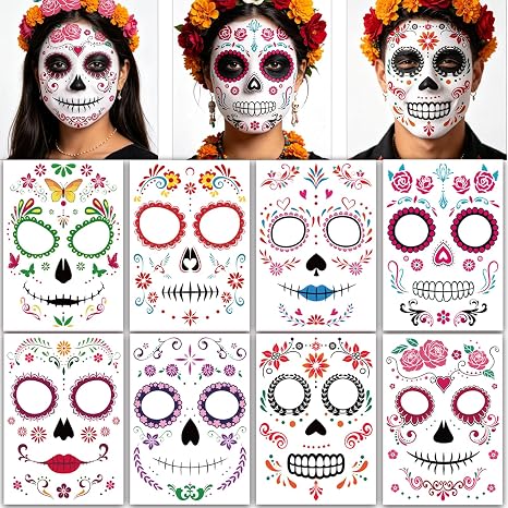 Day of the Dead Sugar Skull Face Temporary Tattoos – 44 Pcs - sugar skull makeup