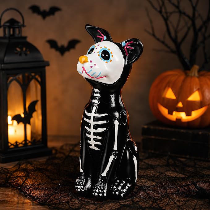 Day of the Dead Dog Figurine, Sugar Skull Puppy, Halloween Resin Decor - skull figurine
