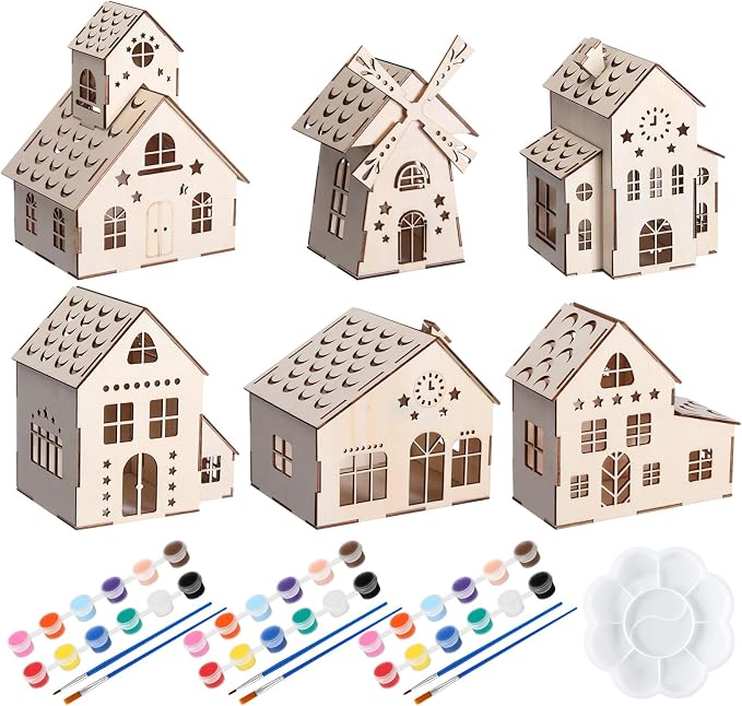 Thyle 6 Set DIY Christmas Wooden Village House Paint Craft,Country - skull painting