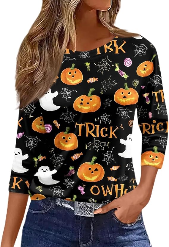Women's Halloween Shirts Candy Corn Shirt Skull Boo Fall 3/4 Sleeve Crew Neck Bat Spooky Blouse Pumpkin Witch Top - skull tshirt