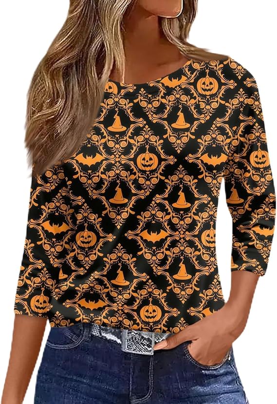 Women's Halloween Shirts Women's Halloween Pumpkin Shirt Ghost Sugar Long Sleeve Crew Neck Witch Top Bat Spider Tee - skull sweatshirts