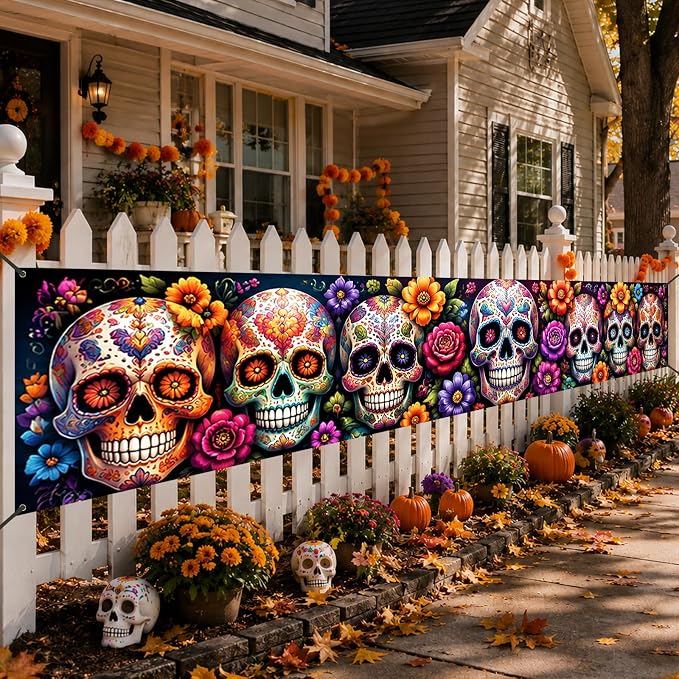 Nuxovilar Multi Sugar Skull Halloween Banner 19.68X118.11 Inch - sugar skull ornament