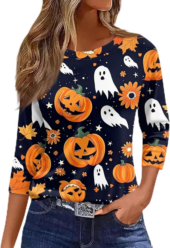 Halloween Womens Shirt Halloween Witch Shirt Pumpkin Candy 3/4 Sleeve Crew Neck Boo Spider Tee Ghost Skull Blouse - skull sweatshirts
