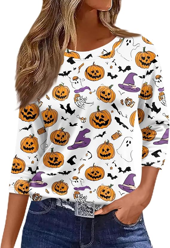 Halloween Shirts Women Halloween Pumpkin Shirt Ghost Candy Fall 3/4 Sleeve Crew Neck Top Sugar Goofy Boo Bat Tee - skull tshirt