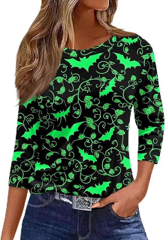Cute Halloween Shirts for Women Long Sleeve Skeleton Shirt Bat Ghost Crew Neck 3/4 Sleeve Tee Witch Sugar Blouse - skull tshirt