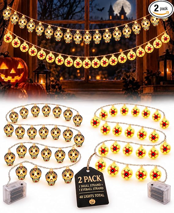 Halloween String Lights, 2 Pack Skull & Eyeball Battery Decor, 40 Lights - string light