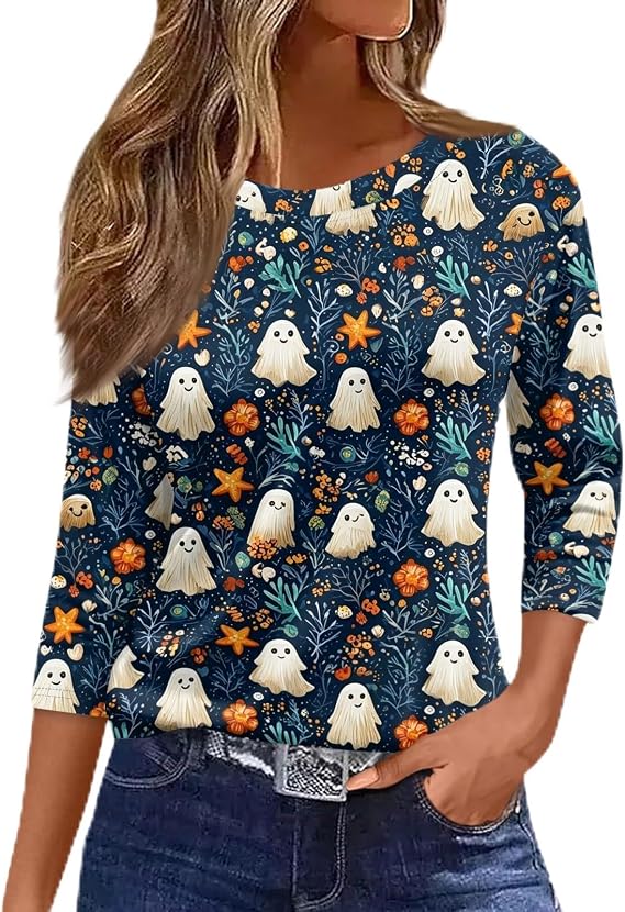 Halloween Womens Shirt Halloween Witch Shirt Pumpkin Candy 3/4 Sleeve Crew Neck Boo Spider Tee Ghost Skull Blouse - skull tshirt