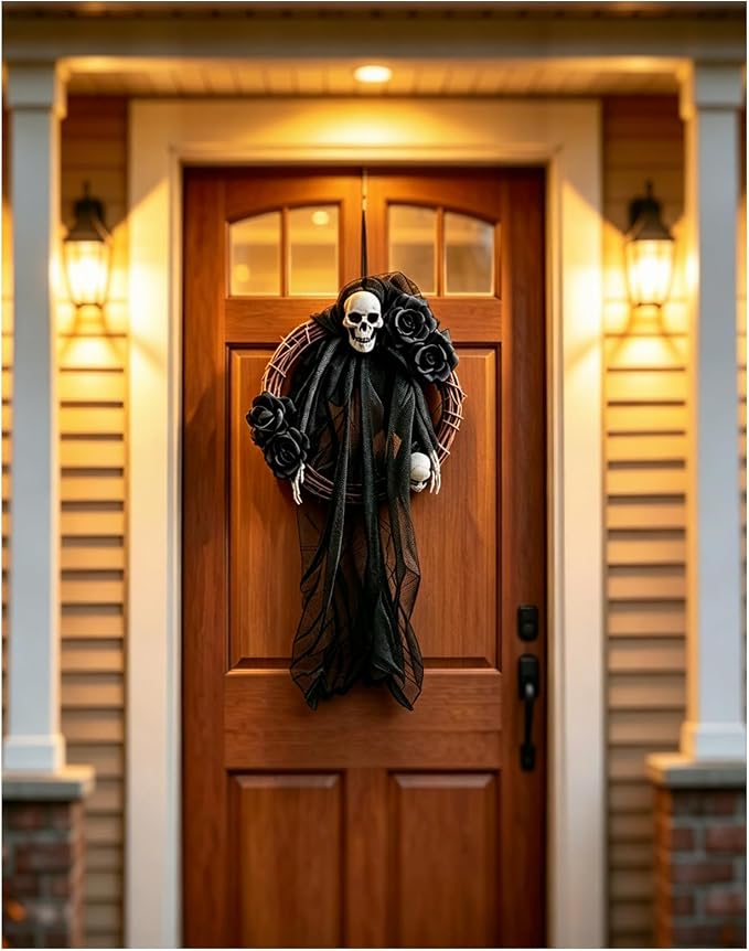 Halloween Gothic Skull Wreath for Front Door, Black Rose Grim Reaper Hanging Wreath with Creepy Skeleton, Spooky Black Gauze Ghost Wreath Halloween Decorations for Home Porch Wall Outdoor Indoor - skull wreath