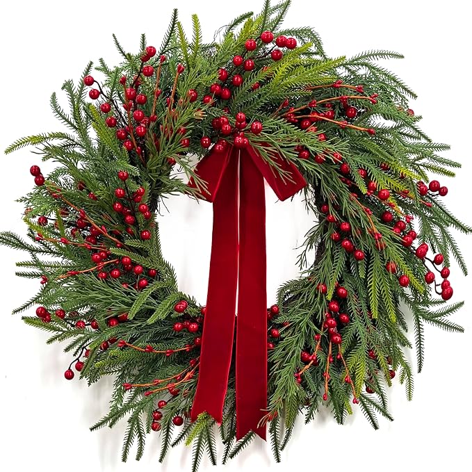 CYANBLOOM 24in Christmas Pine Wreath for Front Door Outside, Red Berries - skull wreath