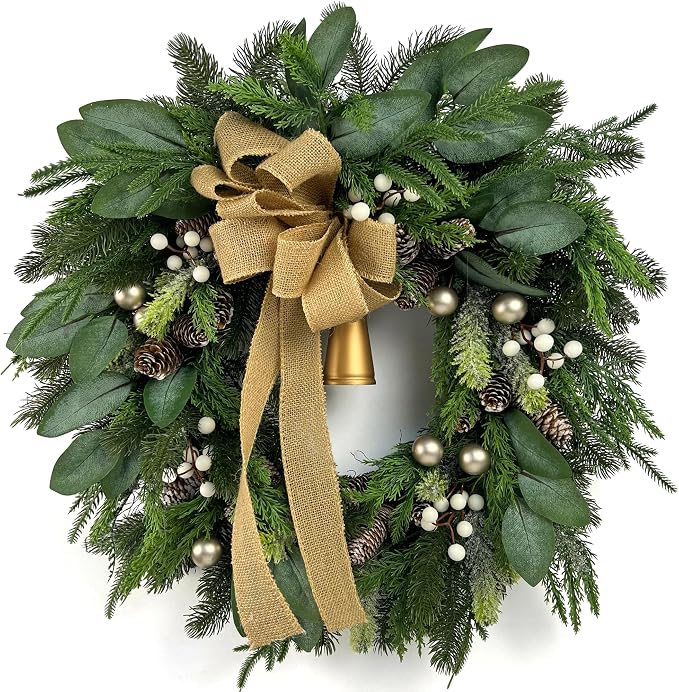CYANBLOOM 24 inch Farmhouse Christmas Front Door Wreath Outdoor, Burlap Bow - skull wreath