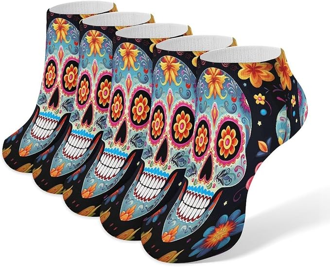 Sugar Skulls Ankle Socks for Men Women 5 Pairs - sugar skull costume