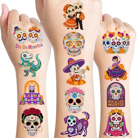 96 PCS Day of The Dead Pre-Cut Temporary Tattoos For Kids Party Favors - sugar skull makeup