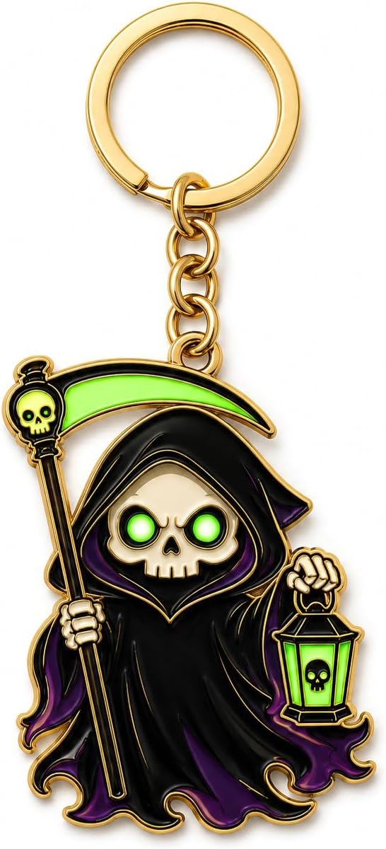 Glow in the Dark Grim Reaper Keychain, Gothic Skull Scythe Lantern Enamel Halloween Accessories
