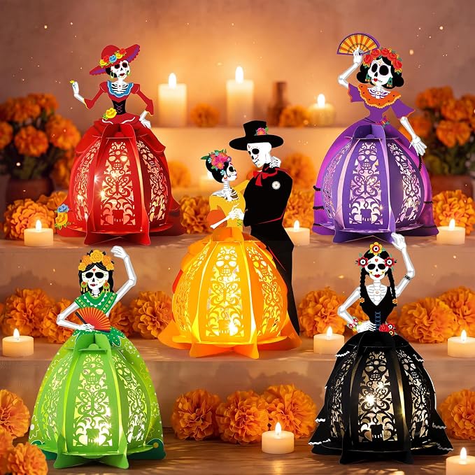 Flutesan 5 Pack Day of the Dead Table Centerpiece LED Light up Lanterns Box