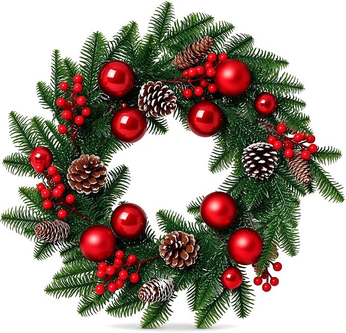 20" Norfolk Pine Christmas Wreath for Front Door with Pinecones, Red - skull wreath