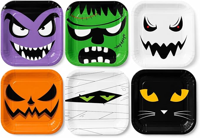 48 Pcs Halloween Paper Plates, 7 Inch Square Horror Monster Party Plates - skull plate