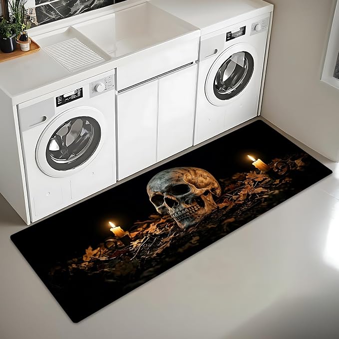 Halloween Skull Kitchen Runner Rug 47x20 Inch, Non Slip Washable Floor Mat, Gothic Skeleton Candle Dark Vintage Decor for Laundry Room, Entryway, Hallway - skull floor mat