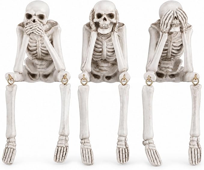 Skeleton Halloween Decorations Indoor, Set of 3 No Evil Resin Figurines - skull figurine