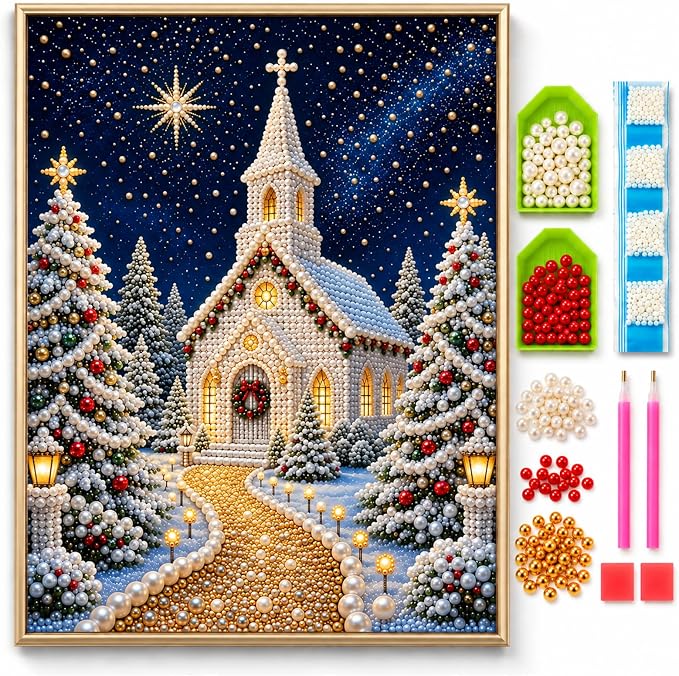 DIY Christmas Pearl Diamond Painting Kit, 5D Pearl Art Craft for Adults and Beginners, Christmas Church and Jesus Wall Decor, Holiday Gifts, 12 x 16 Inch (Church Design D) - skull painting