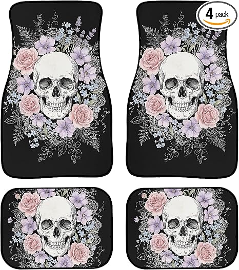 Skull Rose Print Non Slip Car Floor Mats Full Set of 4 - skull carpet