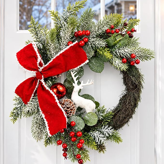 Christmas Wreath for Front Door, Artificial Wreath with Red Bow, Reindeer
