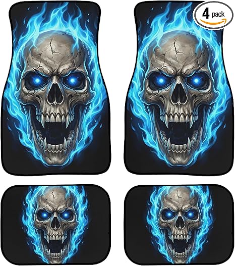 Blue Skull Flame Print Non Slip Car Floor Mats Full Set of 4 - skull floor mat