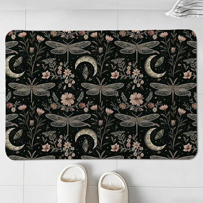 Dark Floral Bathroom Mat,Retro Dragonfly Wildflower Bathroom Decor - skull toilet mat
